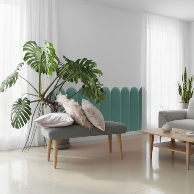 Panou decorativ tapițat turcoaz într-un living modern