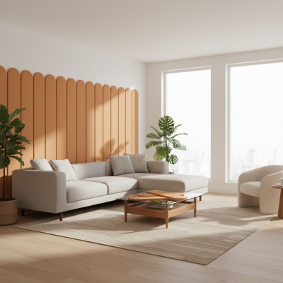 Panou tapițat catifelat auriu într-un living modern