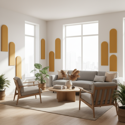 Panouri decorative tapițate galbene într-un living modern