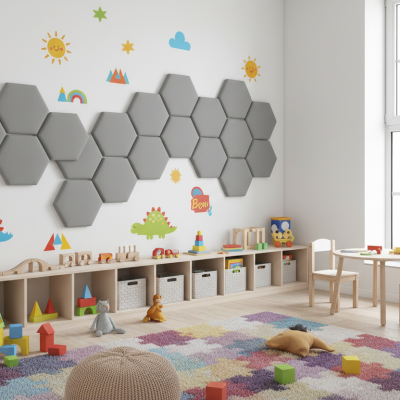 Panou tapițat hexagonal catifelat, gri deschis, într-o cameră de joacă.