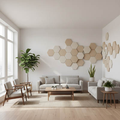 Panouri decorative hexagonale tapițate crem pe un perete alb într-o cameră de zi modernă