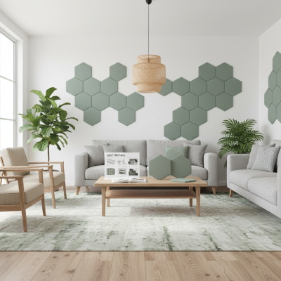 Panou tapițat hexagonal catifelat, verde deschis, într-un living modern