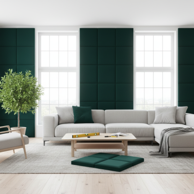 Panouri decorative tapițate turcoaz într-un living modern.