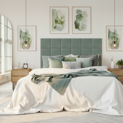 Panou tapițat catifelat verde deschis în dormitor modern