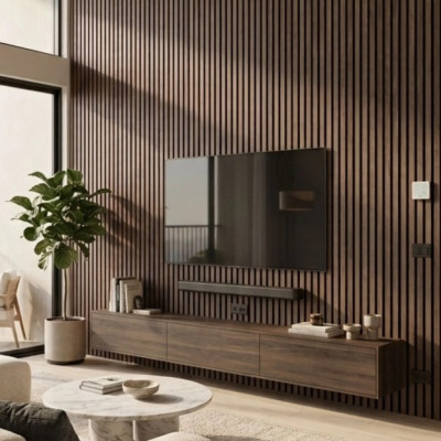 Panou acustic riflat Smoky Oak montat pe perete