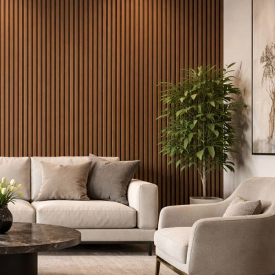 Panou acustic riflat Walnut montat pe perete