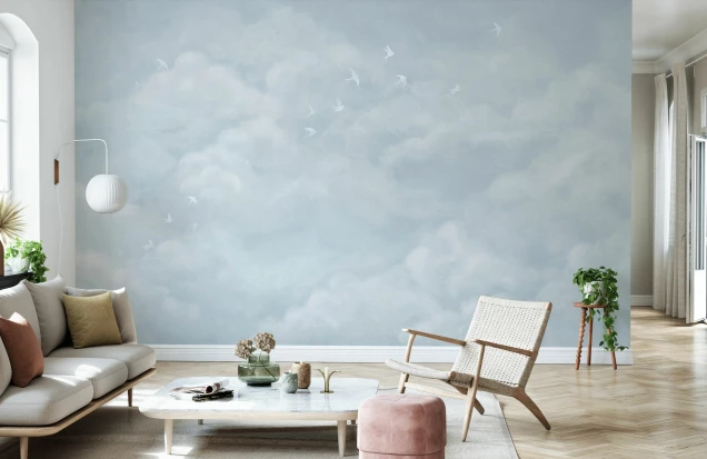 Fototapet Tender Clouds with White Swallows, Soft Blue, Photowall