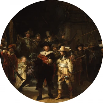 Rotund de perete cu o reproducere a picturii The Night Watch a lui Rembrandt