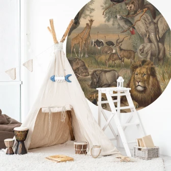Fototapet circular cu animale din Africa într-o cameră de copii decorată cu un cort teepee