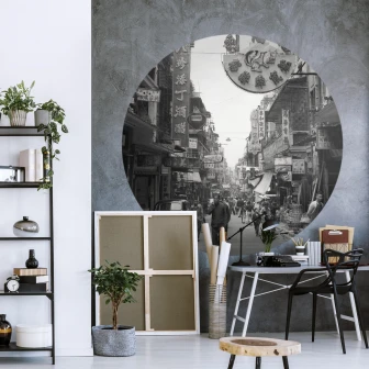Wallpaper rotund cu designul Hong Kong din vremurile vechi, in alb si negru, cu o atmosfera autentica.