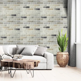 Panouri decorative cu aspect de cărămidă aparentă alb murdar într-un living modern